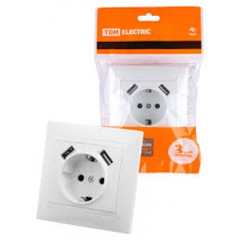 Розетка 2П+З 16А 250В + 2 USB портами для зарядки 5В TDM
